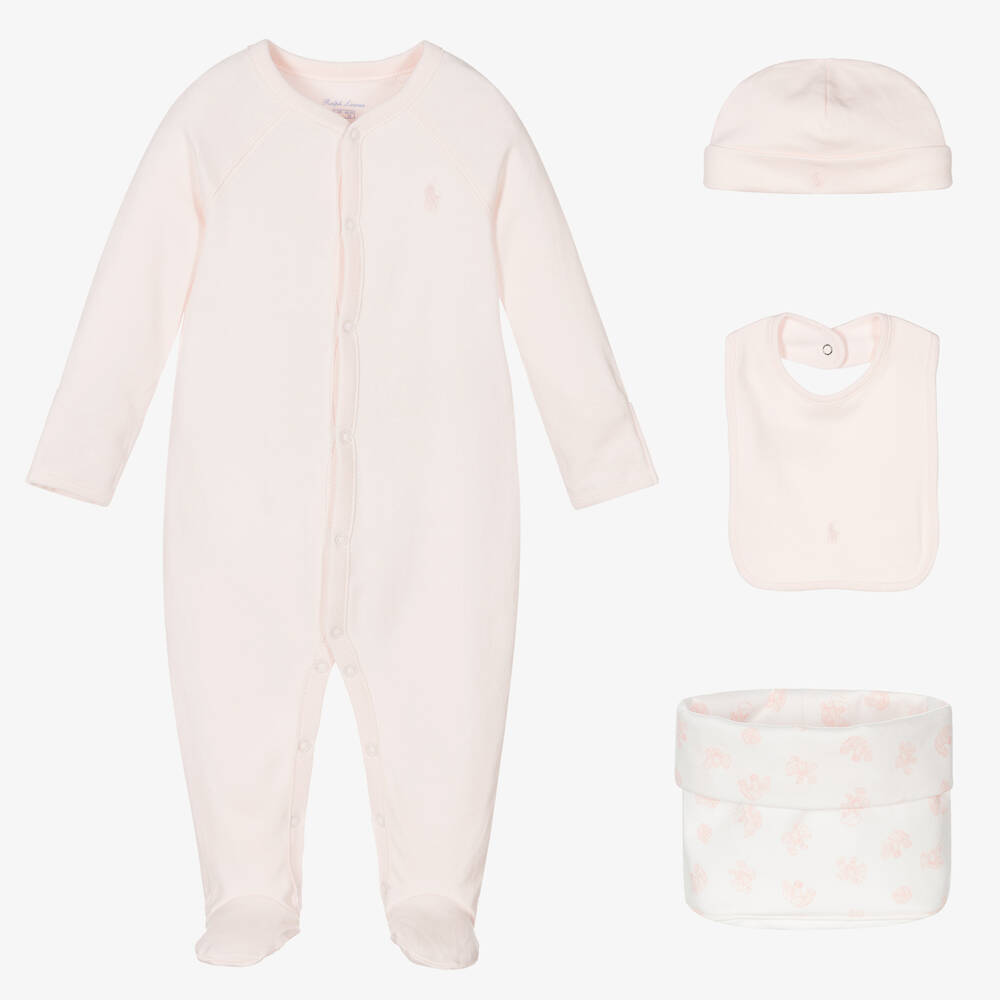 Ralph Lauren - Girls Pink Cotton Babygrow Set | Childrensalon