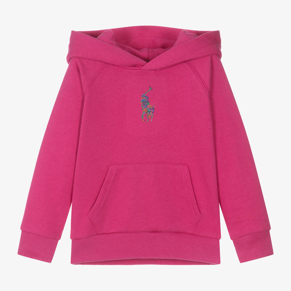 Ralph Lauren - Girls Pink Cotton Floral Big Pony Hoodie | Childrensalon