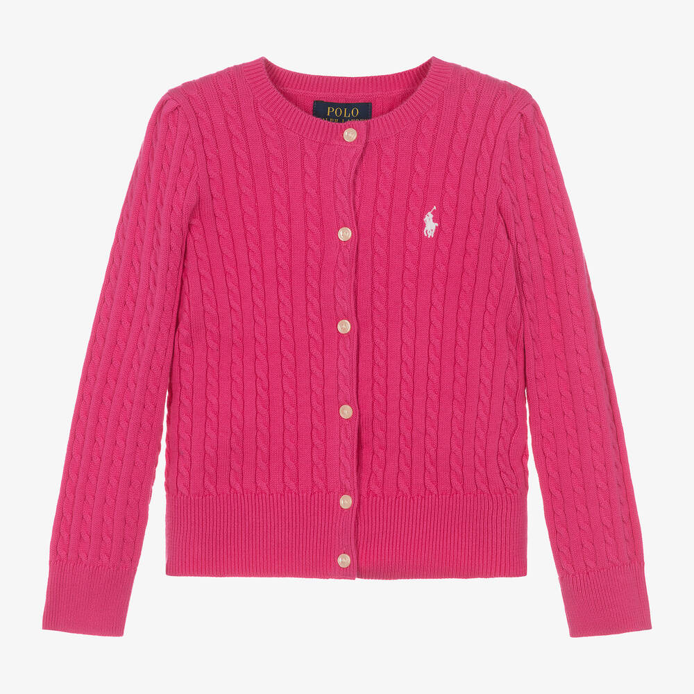 Ralph Lauren - Girls Pink Cotton Knit Cardigan | Childrensalon