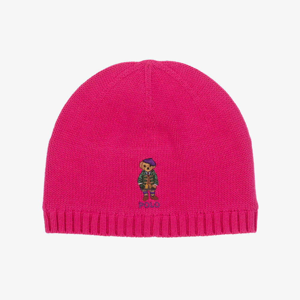 Ralph Lauren - Girls Pink Cotton Knit Polo Bear Beanie Hat | Childrensalon