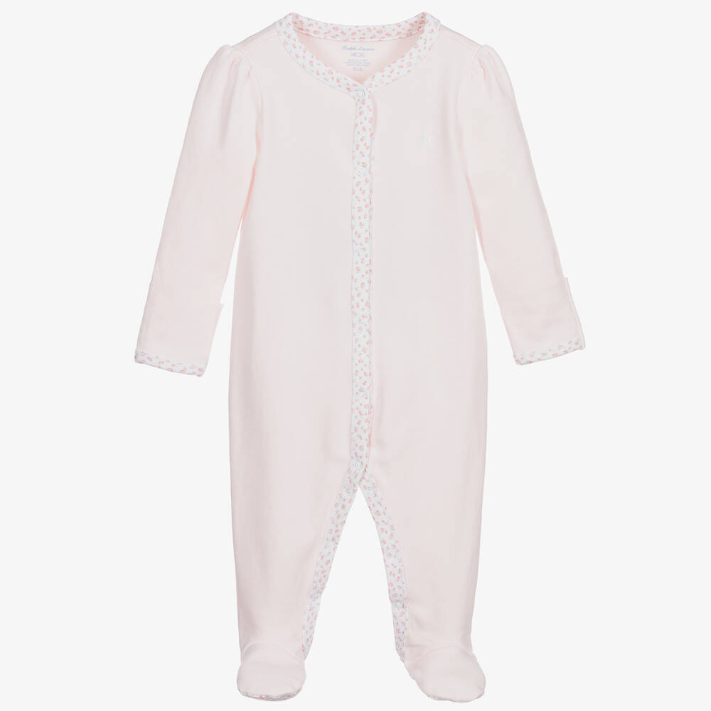 Ralph Lauren - Girls Pink Cotton Logo Babygrow | Childrensalon