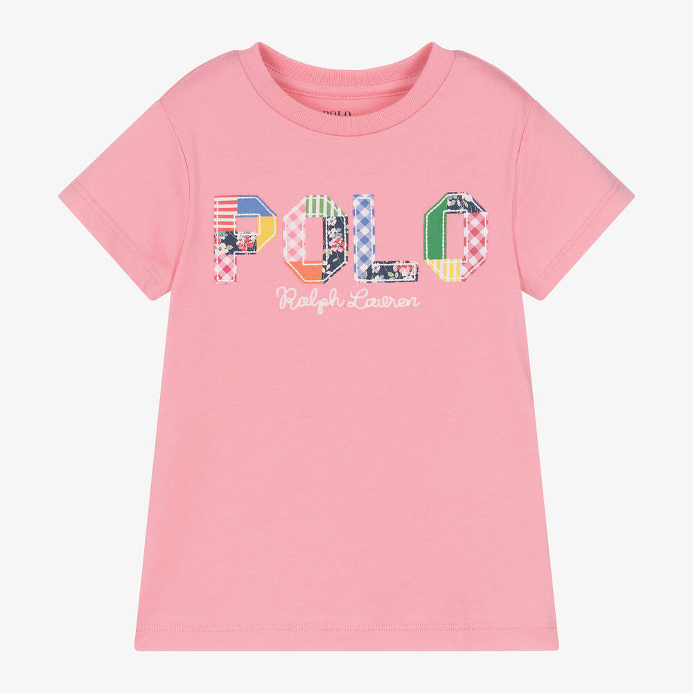 Ralph Lauren - Girls Pink Cotton Patchwork T-Shirt | Childrensalon