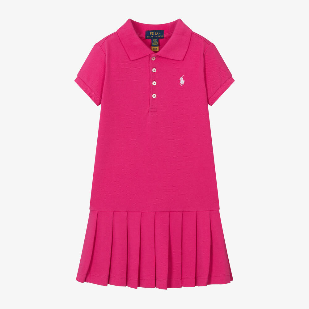 Ralph Lauren - Girls Pink Cotton Polo Dress | Childrensalon