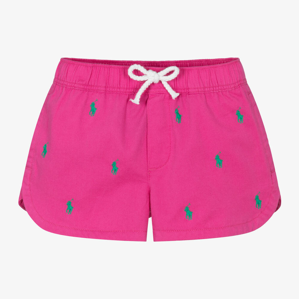 Ralph Lauren - Girls Pink Cotton Pony Logo Shorts | Childrensalon