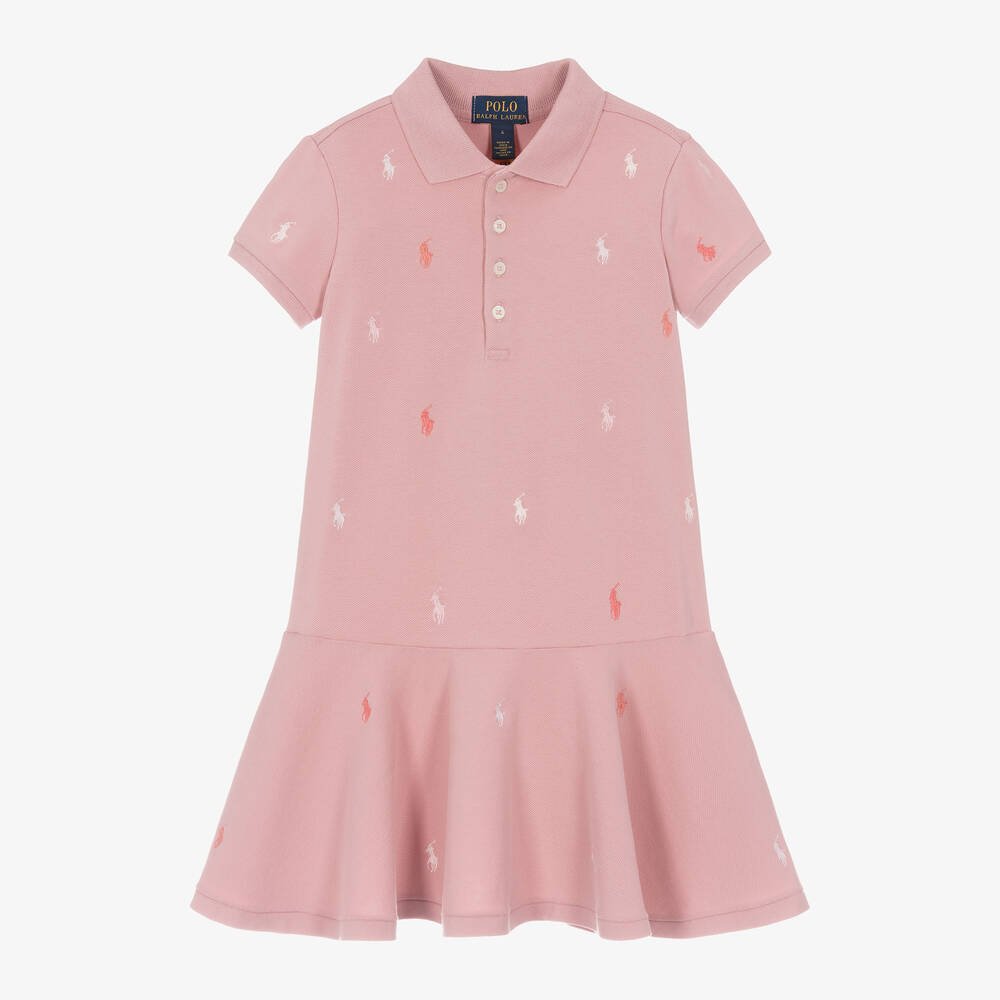 Ralph Lauren - Girls Pink Cotton Pony Polo Dress | Childrensalon