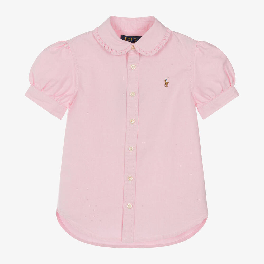Ralph Lauren - Girls Pink Cotton Puffed Sleeve Shirt | Childrensalon