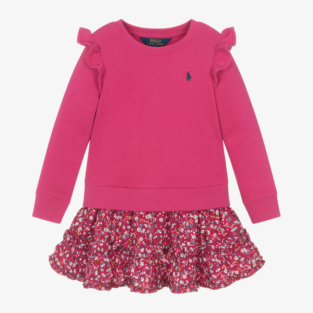 Ralph Lauren - Girls Pink Cotton Ruffle Sweatshirt Dress | Childrensalon