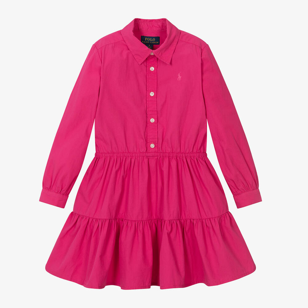 Ralph Lauren - Girls Pink Cotton Shirt Dress | Childrensalon
