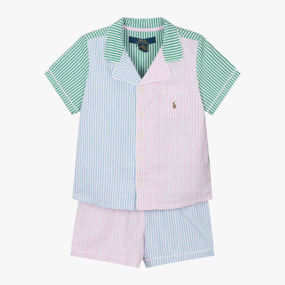 Ralph Lauren - Girls Pink Cotton Striped Short Pyjamas  | Childrensalon
