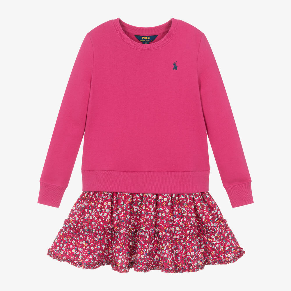 Ralph Lauren - Girls Pink Cotton Sweatshirt Dress | Childrensalon