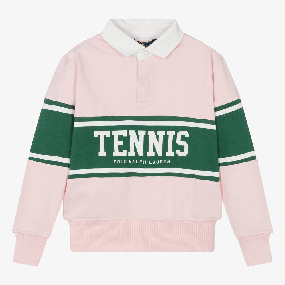 Ralph Lauren - Girls Pink Cotton Tennis Rugby Shirt | Childrensalon
