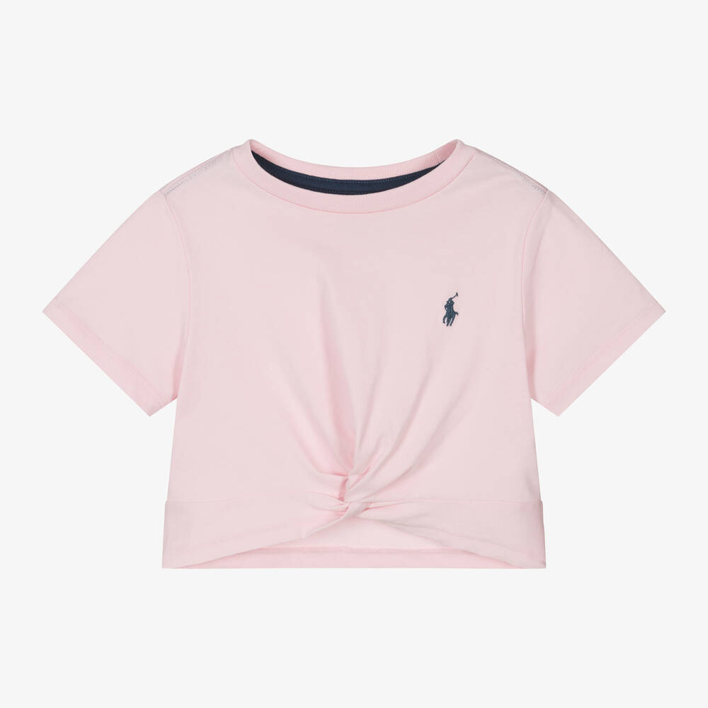 Ralph Lauren - Girls Pink Cotton Twist Front T-Shirt | Childrensalon
