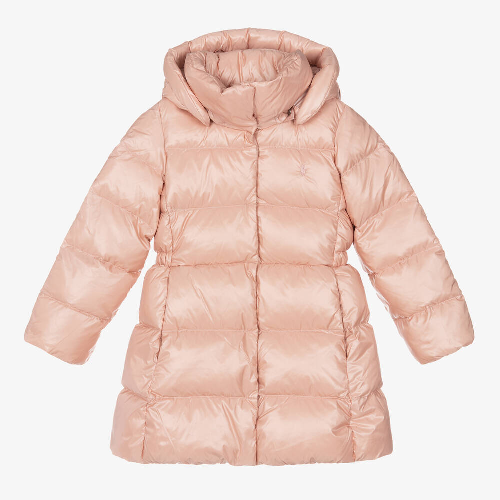 Ralph Lauren - Girls Pink Down Padded Hooded Coat | Childrensalon