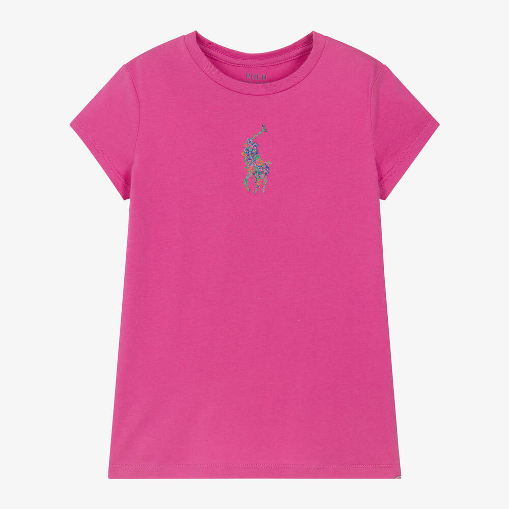 Ralph Lauren - Girls Pink Floral Big Pony Cotton T-Shirt | Childrensalon