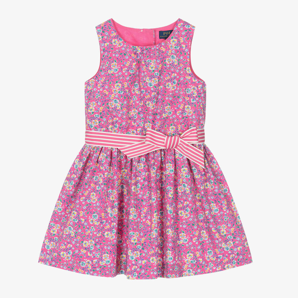 Ralph Lauren - Girls Pink Floral Cotton Dress | Childrensalon