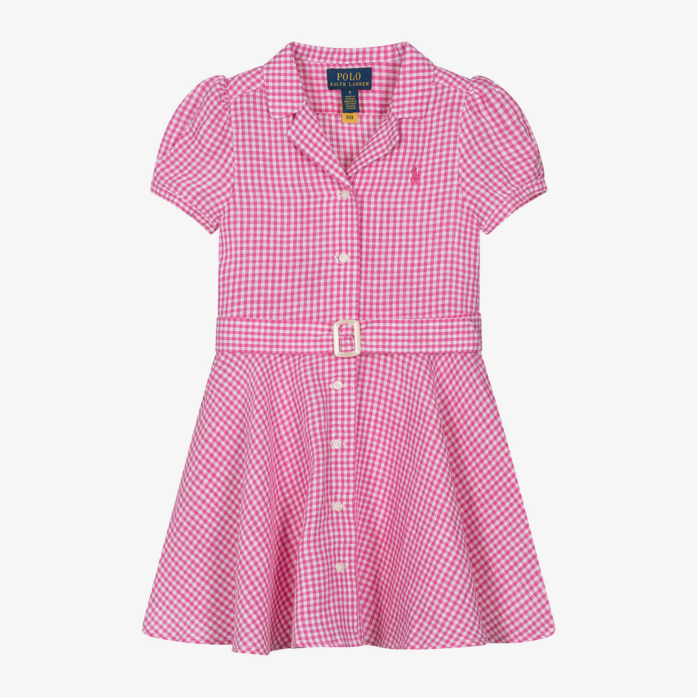Ralph Lauren - Girls Pink Gingham Linen Dress | Childrensalon