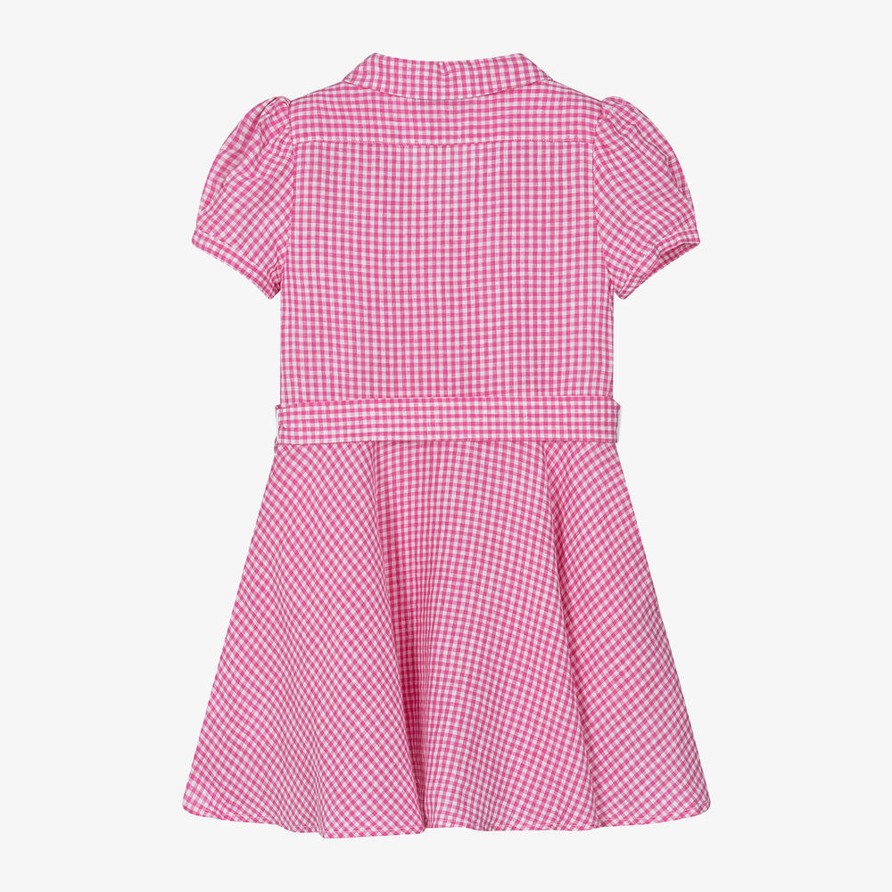 Ralph Lauren - Girls Pink Gingham Linen Dress | Childrensalon