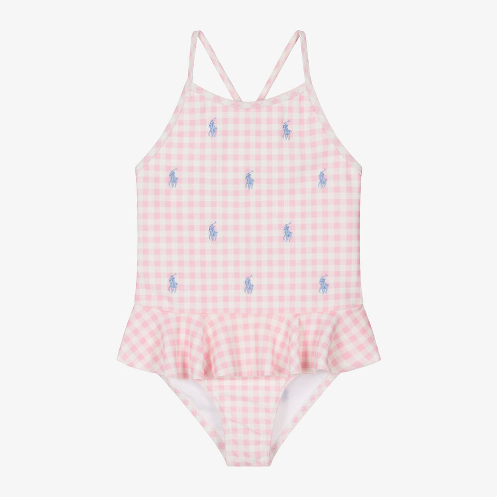 Ralph Lauren - Girls Pink Gingham Pony Logo Swimsuit | Childrensalon
