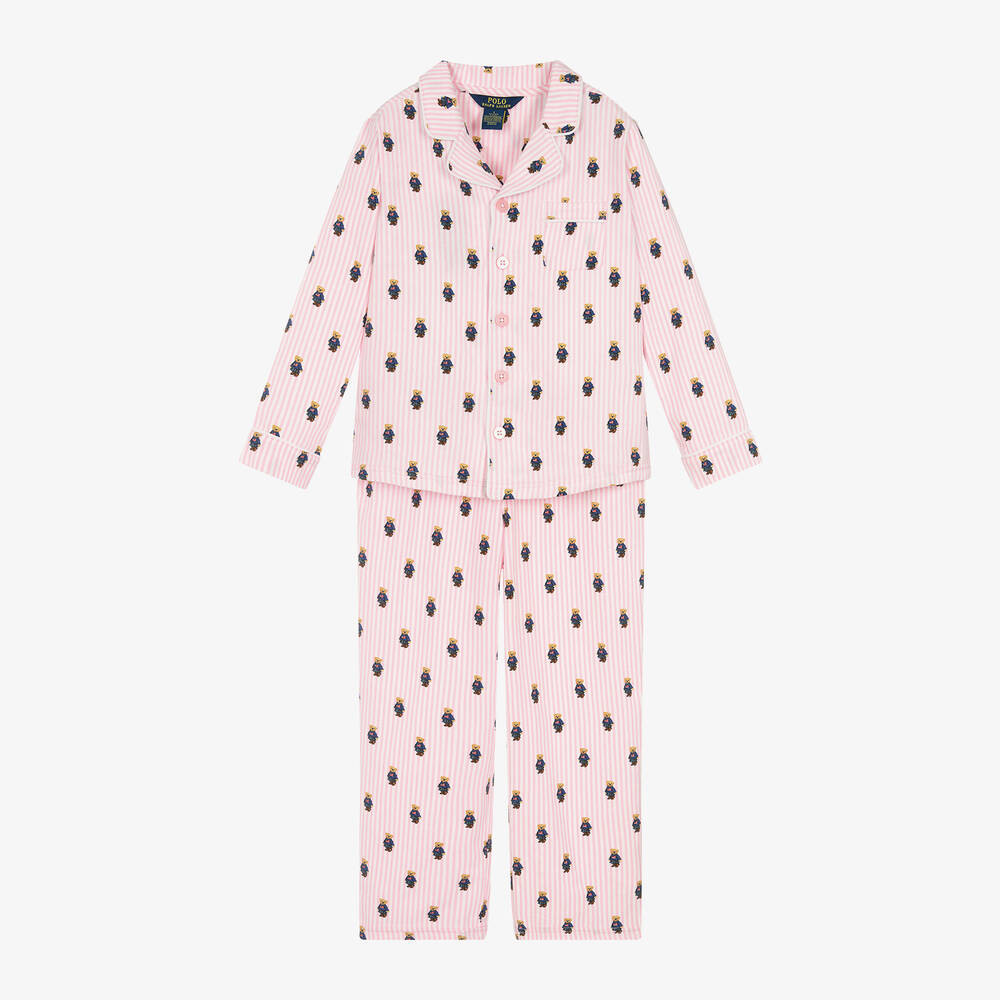 Ralph Lauren - Girls Pink Polo Bear Cotton Pyjamas | Childrensalon