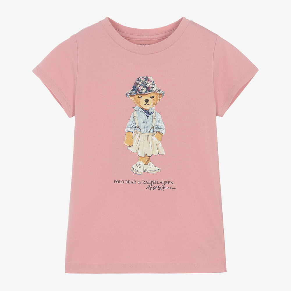 Ralph Lauren - Girls Pink Polo Bear Cotton T-Shirt | Childrensalon