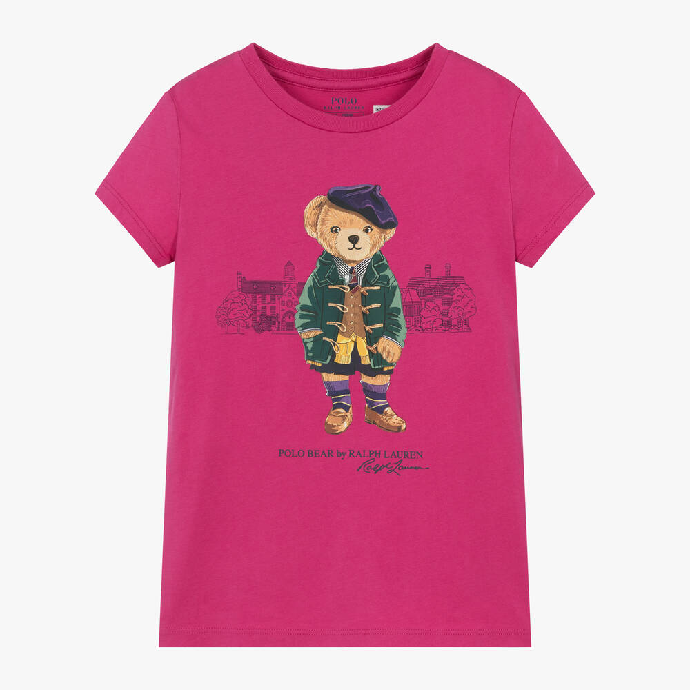 Ralph Lauren - Girls Pink Polo Bear Cotton T-Shirt | Childrensalon