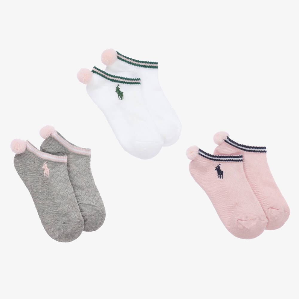 Ralph Lauren Kids' Girls Pink Pom-pom Socks (3 Pack) In Grey