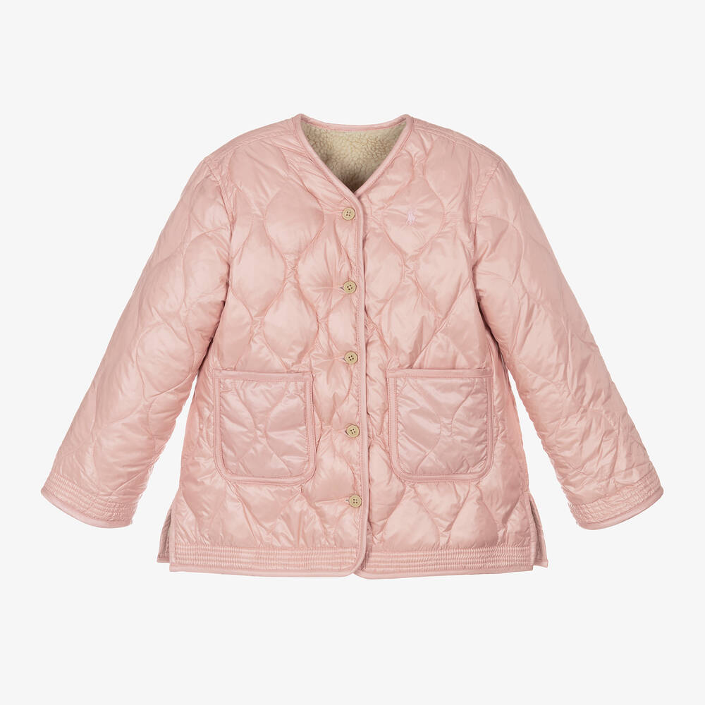 Ralph Lauren - Girls Pink Quilted & Ivory Teddy Fleece Reversible Jacket | Childrensalon