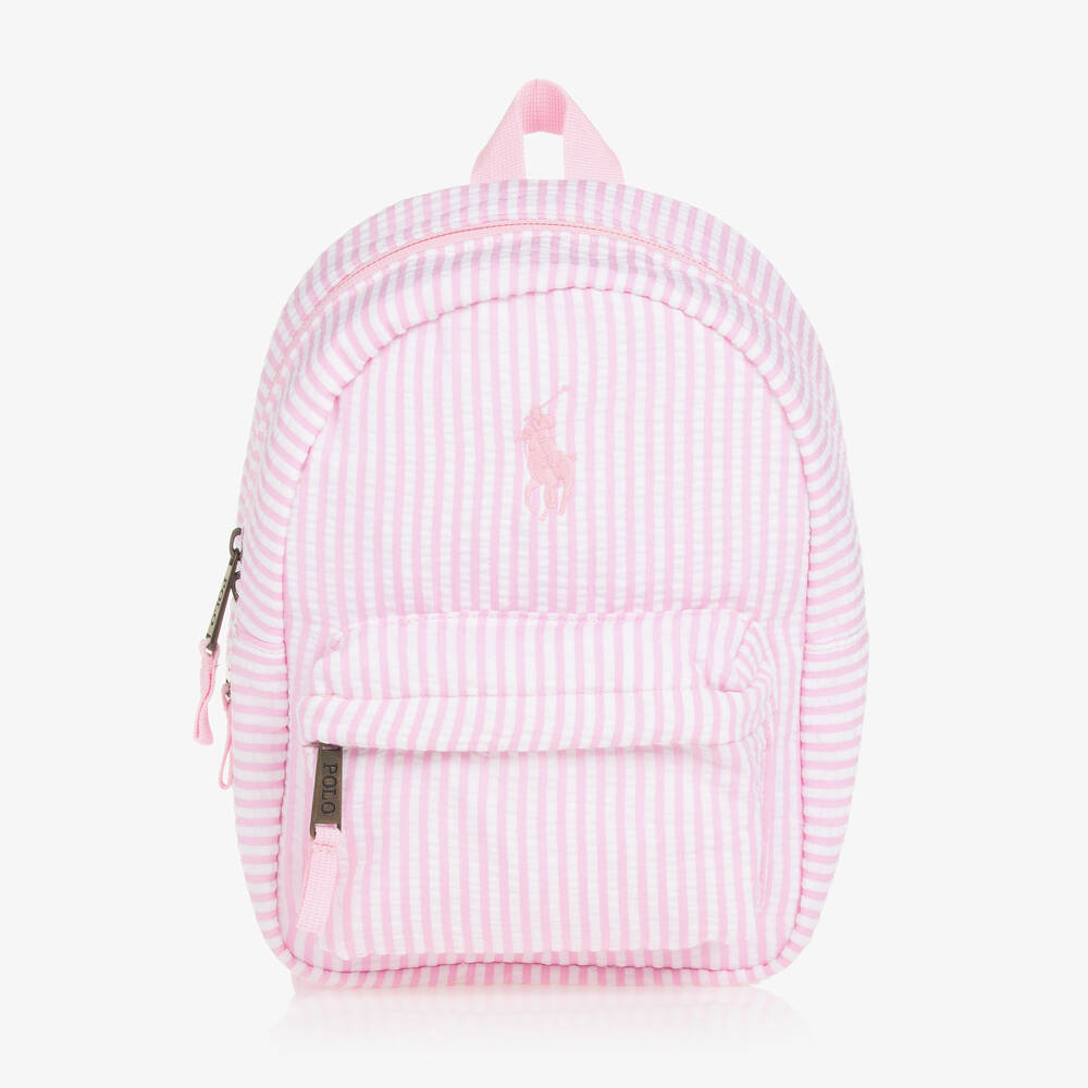 Ralph Lauren - Girls Pink Striped Cotton Backpack (29cm) | Childrensalon