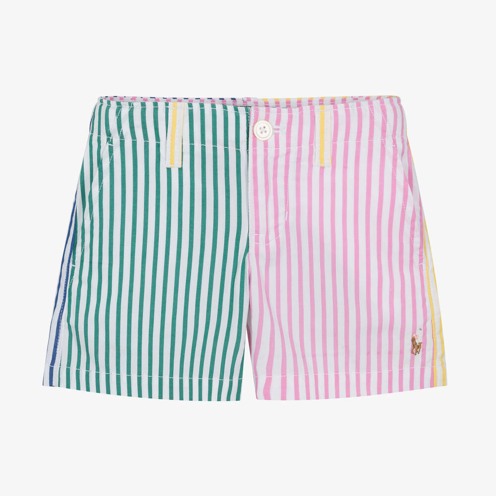 Ralph Lauren - Girls Pink Striped Cotton Poplin Shorts | Childrensalon