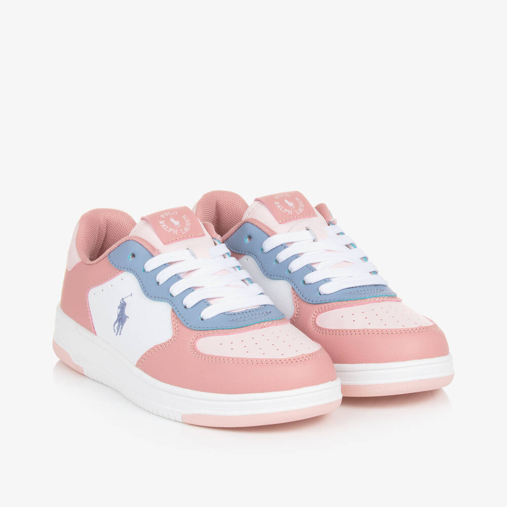 Ralph Lauren - Girls Pink & White Faux Leather Trainers | Childrensalon