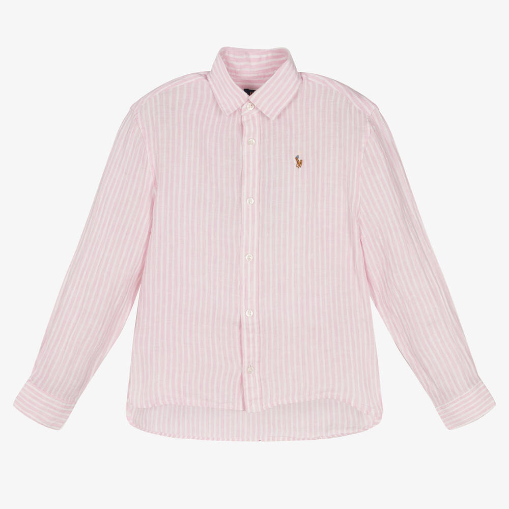 Ralph Lauren - Chemise lin rose et blanc rayé | Childrensalon