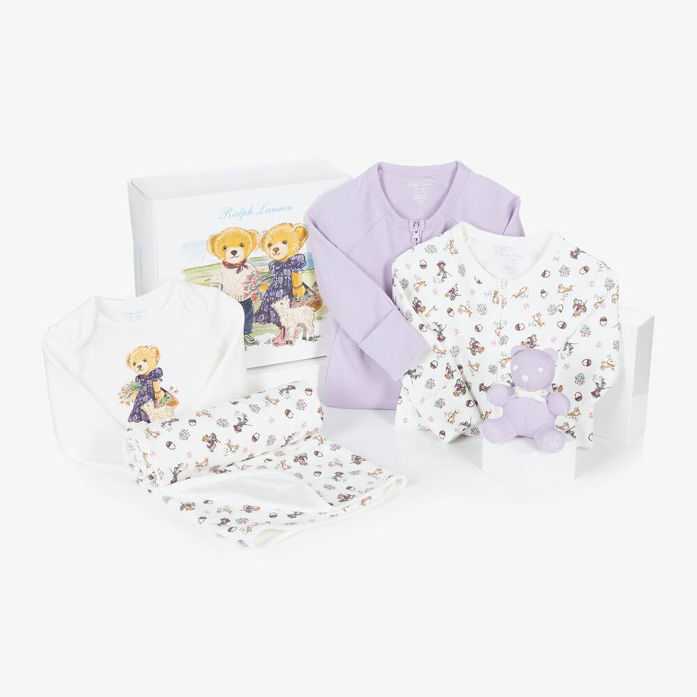 Ralph Lauren - Girls Purple & Ivory Cotton Babysuit Gift Set | Childrensalon