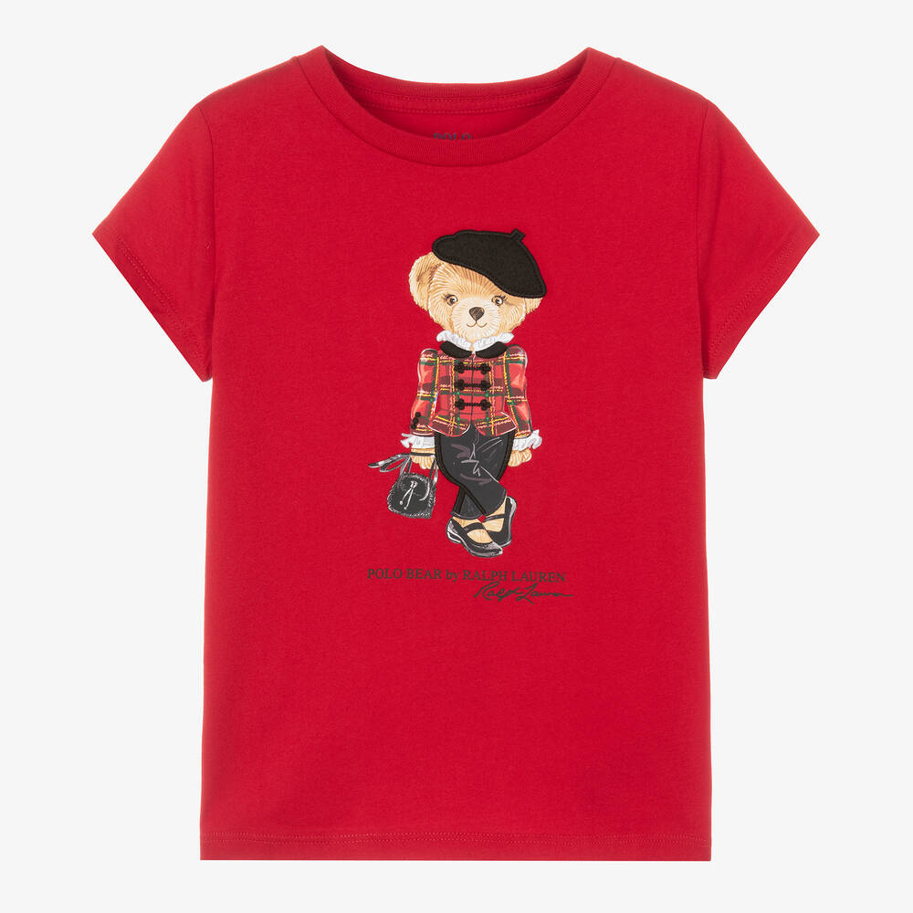 Ralph Lauren Kids' Girls Red Cotton Parisian Bear T-shirt