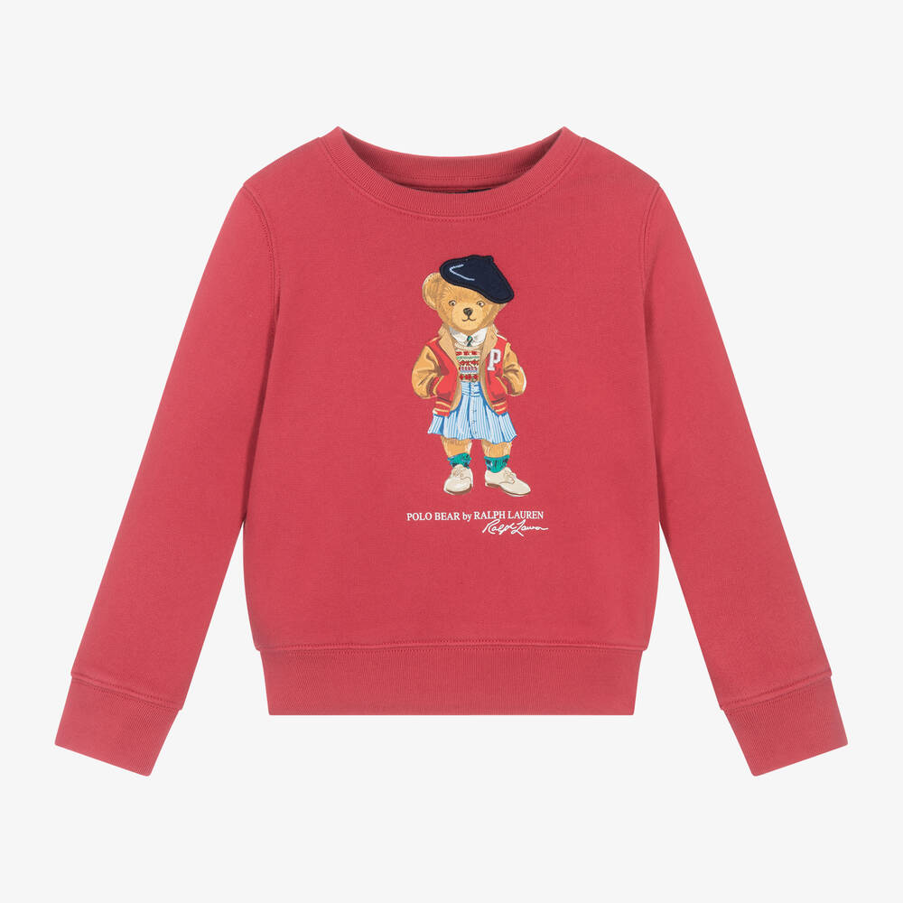 Ralph Lauren - Girls Red Polo Bear Cotton Sweatshirt | Childrensalon