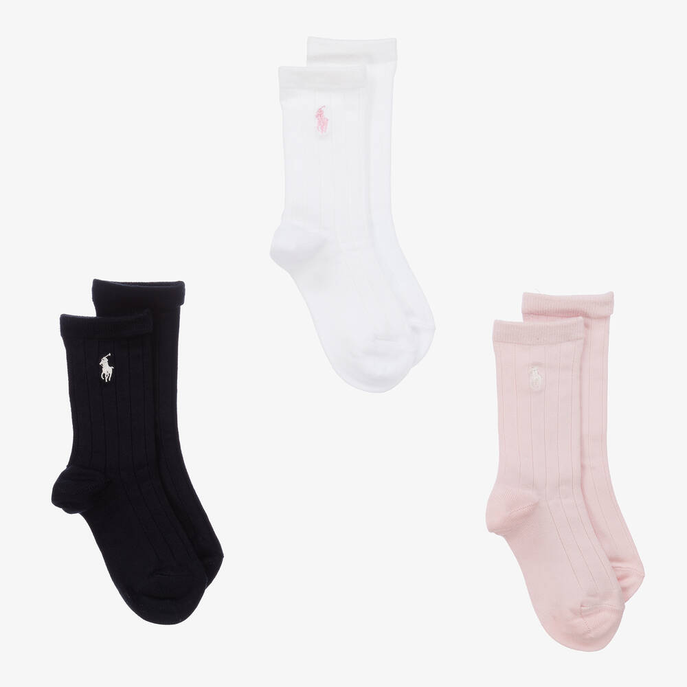 Ralph Lauren - Girls Ribbed Pony Logo Socks (3 Pack) | Childrensalon