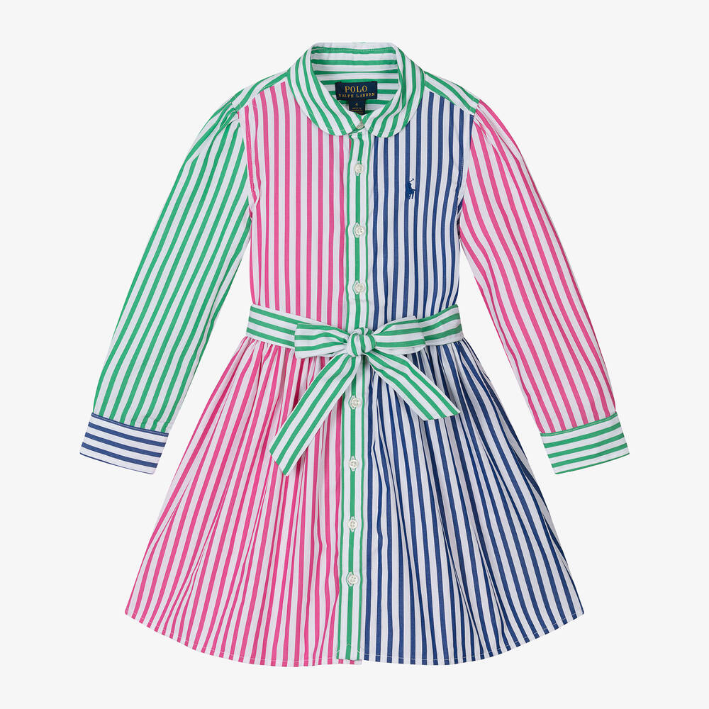 Ralph Lauren - فستان قميص قطن بوبلين مقلّم لون زهري | Childrensalon
