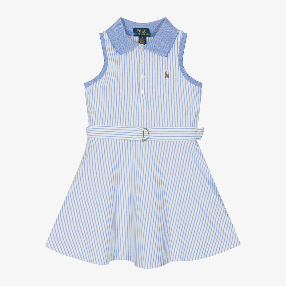 Ralph Lauren - Girls White & Blue Stripe Cotton Dress | Childrensalon