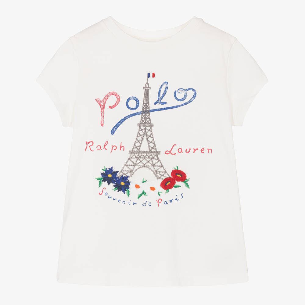 Ralph Lauren - Girls White Cotton Eiffel Tower T-Shirt | Childrensalon