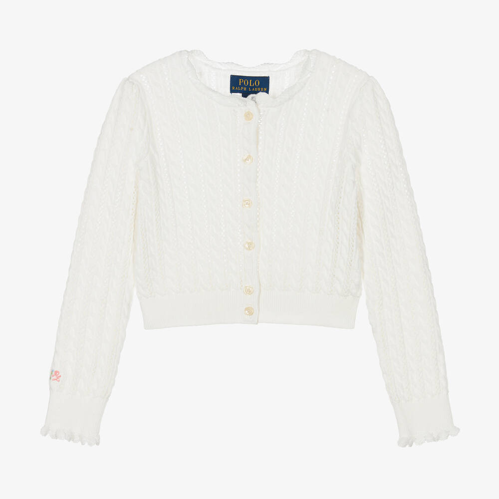 Ralph Lauren - Girls White Cotton Knit Cardigan | Childrensalon