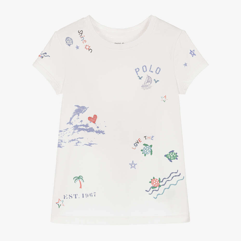 Ralph Lauren - Girls White Cotton Ocean T-Shirt | Childrensalon