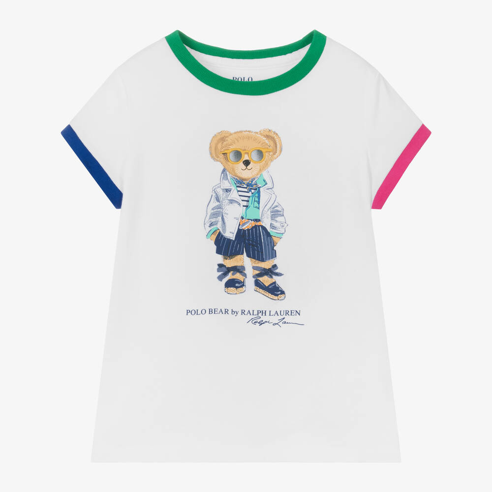 Ralph Lauren - Girls White Cotton Polo Bear T-Shirt | Childrensalon
