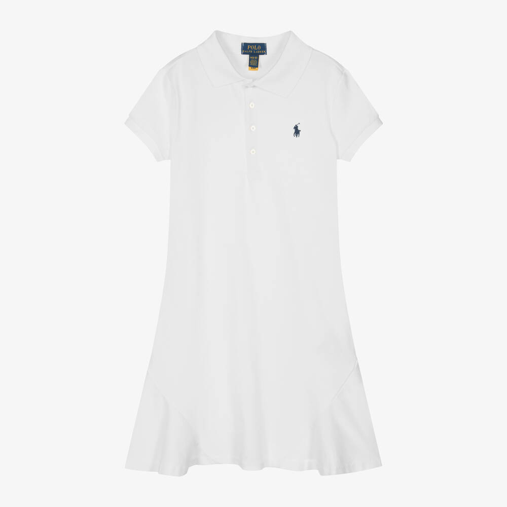 Ralph Lauren - Girls White Cotton Polo Dress | Childrensalon
