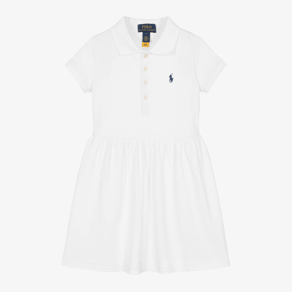 Ralph Lauren - Girls White Cotton Polo Dress | Childrensalon