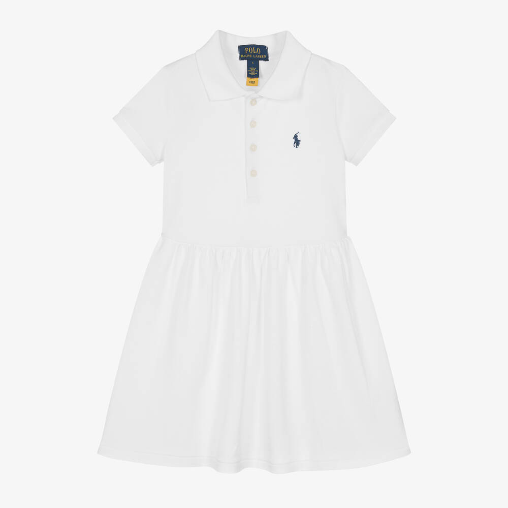 Ralph Lauren - فستان بولو قطن بيكيه لون أبيض | Childrensalon