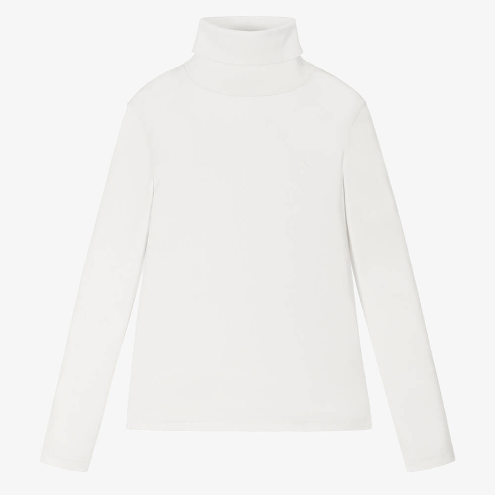 Ralph Lauren - Girls White Cotton Roll Neck Sweater | Childrensalon
