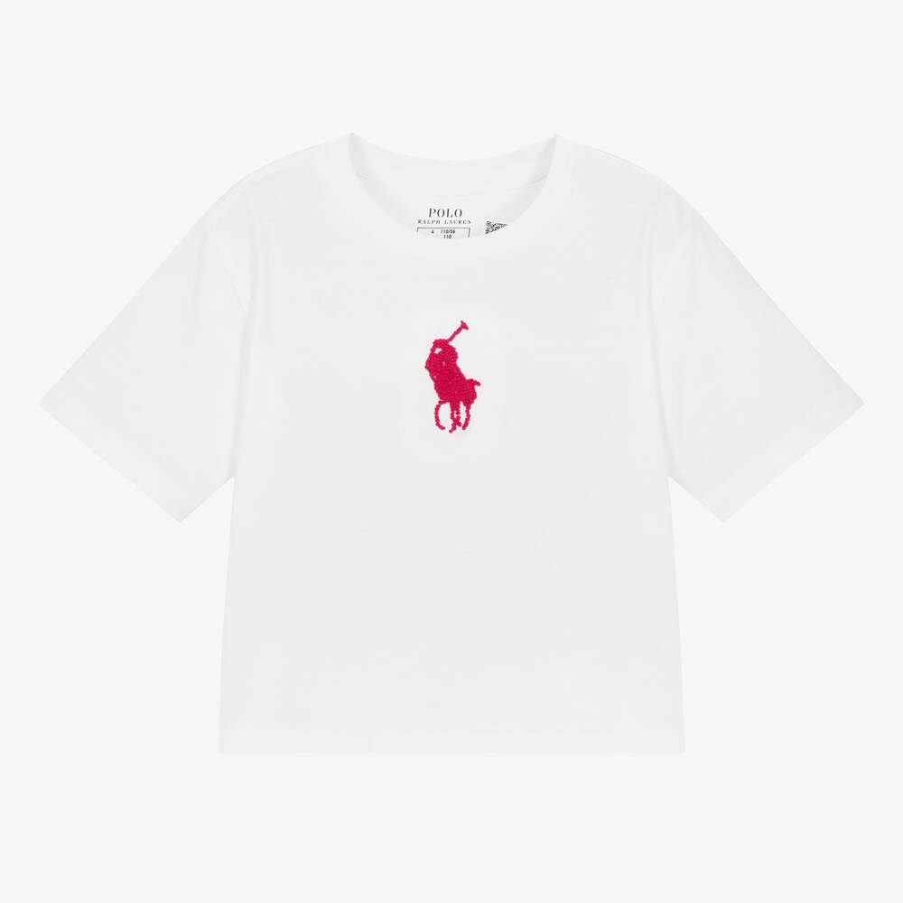 Ralph Lauren - Girls White Cotton T-Shirt | Childrensalon