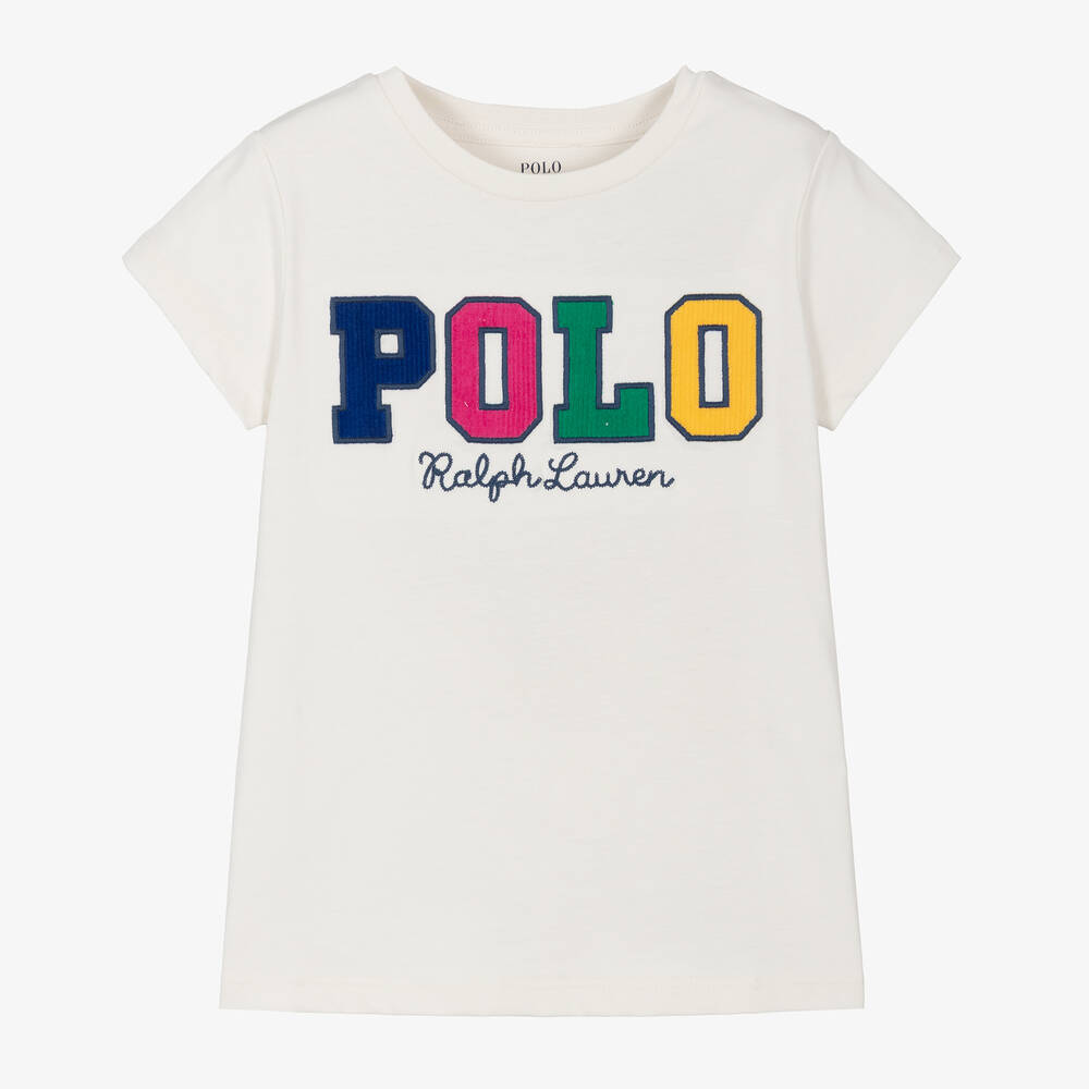 Ralph Lauren - Girls White Cotton T-Shirt | Childrensalon