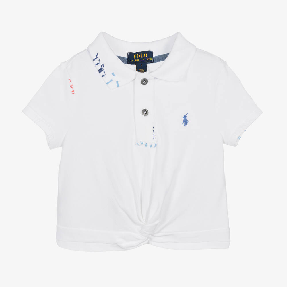 Ralph Lauren - Girls White Cotton Twist Polo Shirt | Childrensalon