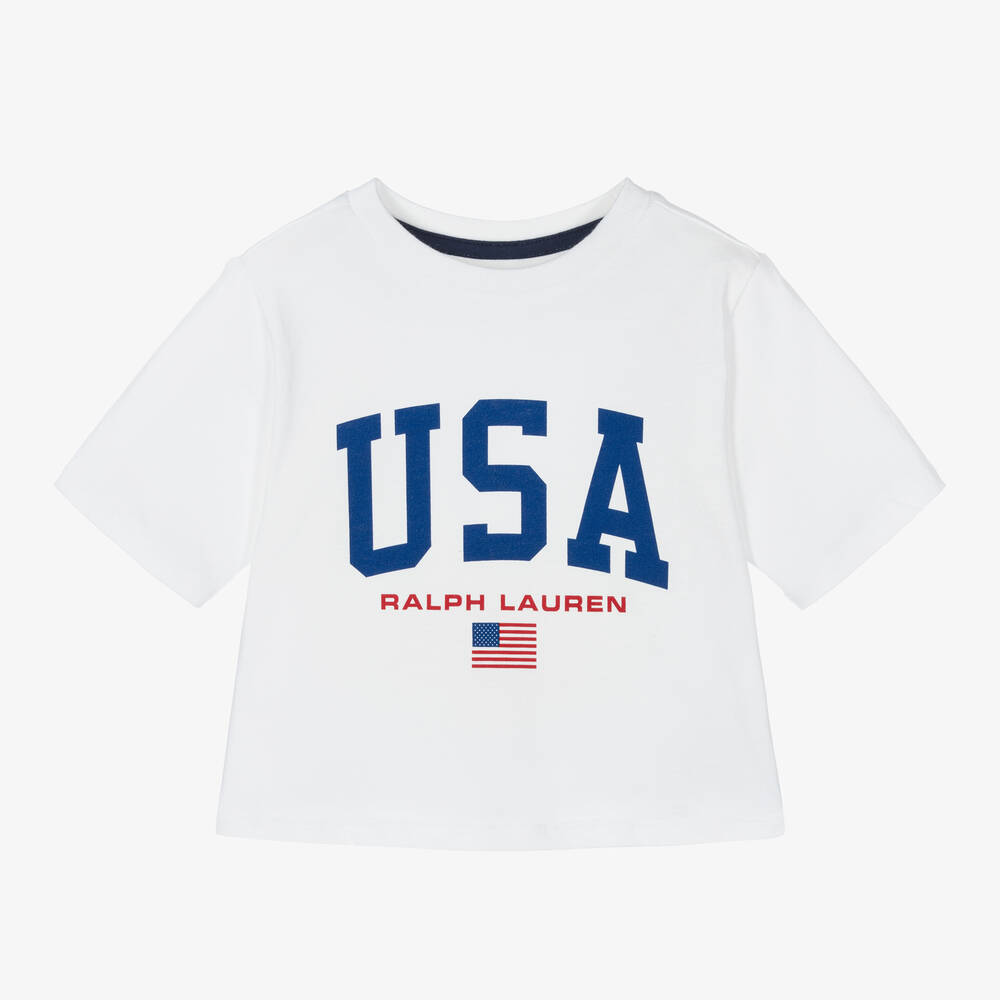 Ralph Lauren - Girls White Cotton USA T-Shirt | Childrensalon