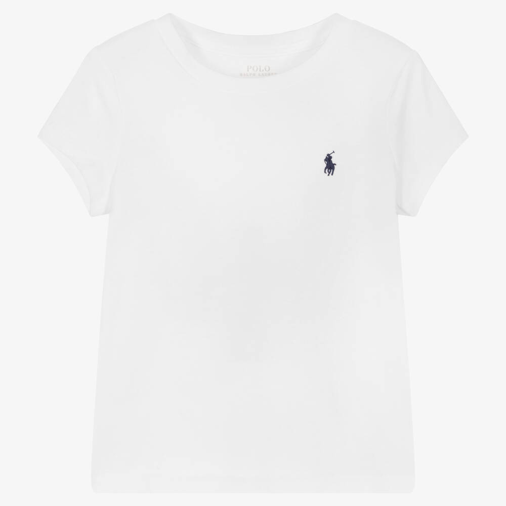 Ralph Lauren - Girls White Embroidered Cotton T-Shirt | Childrensalon